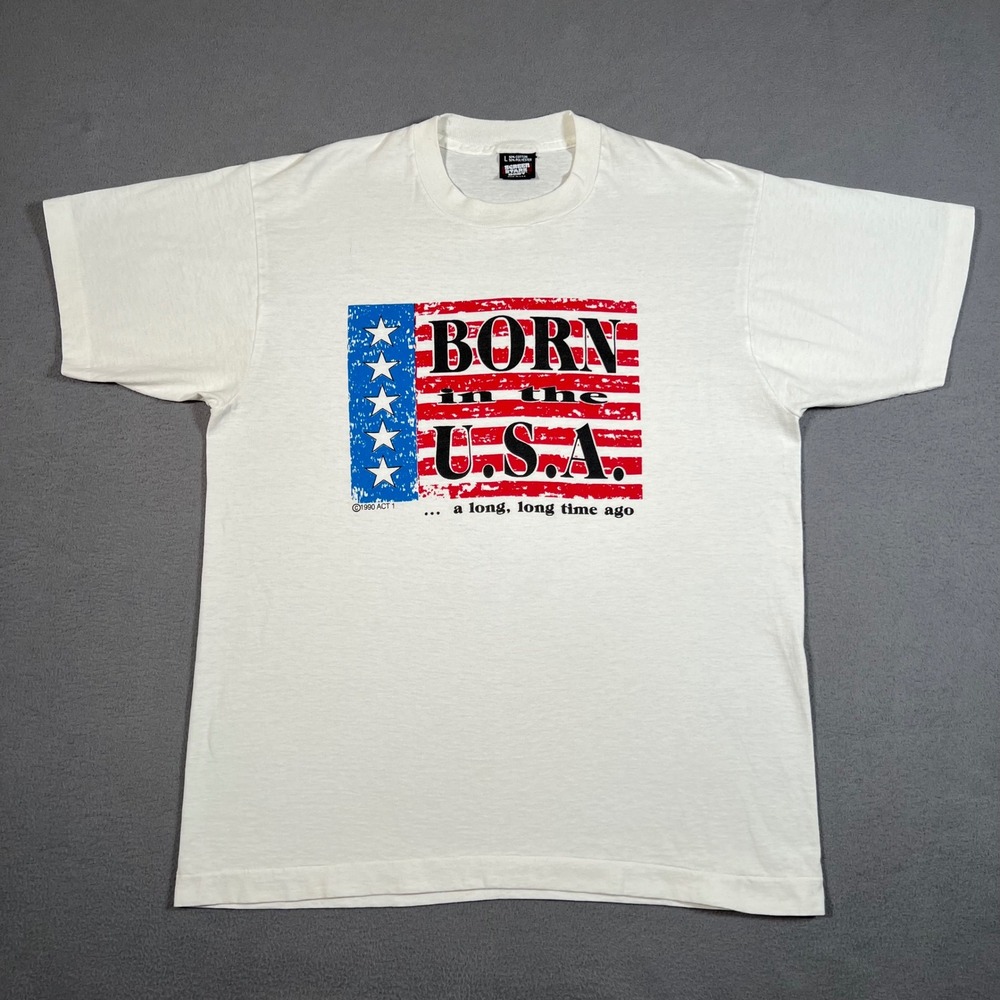 VTG Born In The USA A Long Long Time Ago T-Shirt‎ L Single Stitch Screen Stars